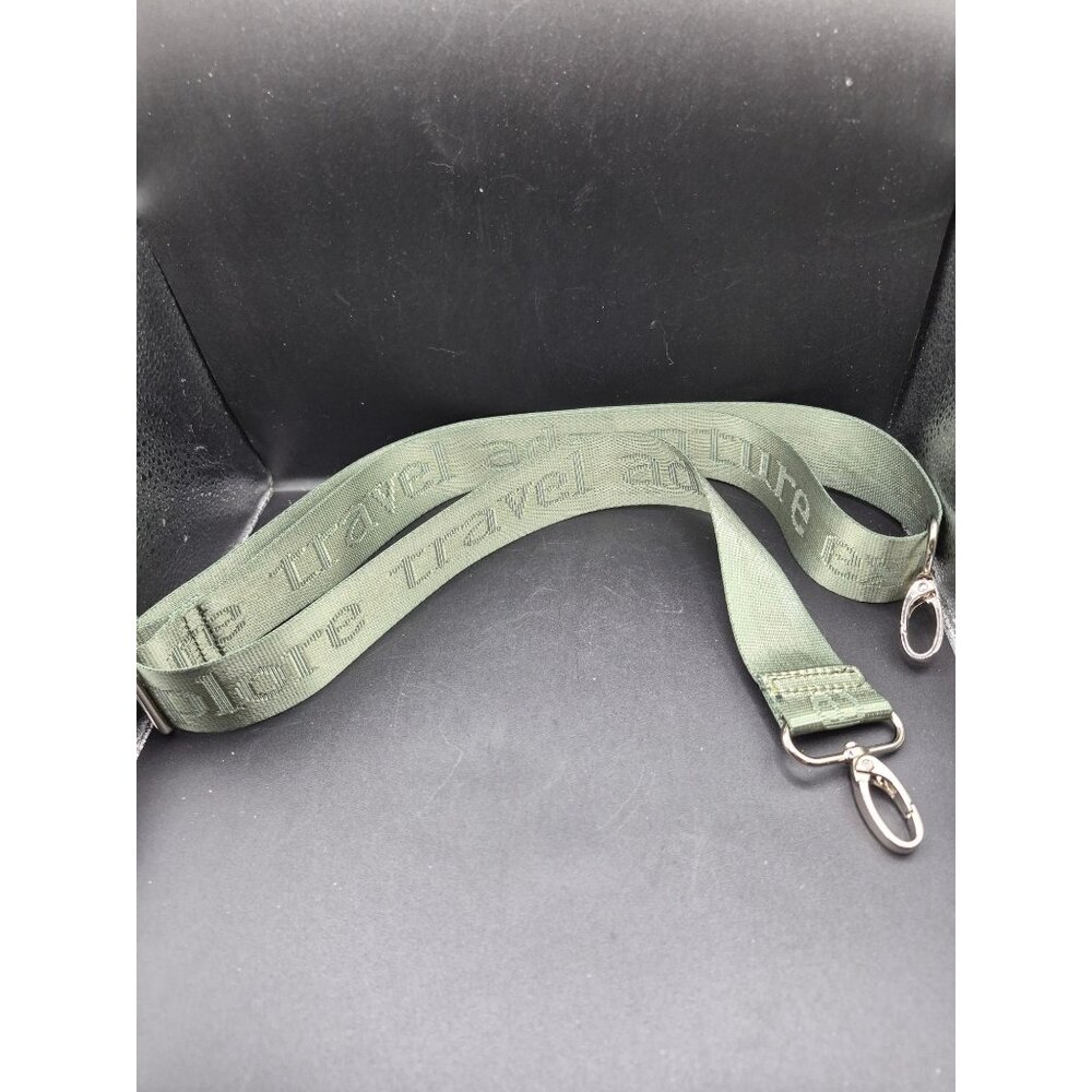 Adjustable Green Nylon Bag Strap With Silver Hooks Travel-Inspired Embossed Text